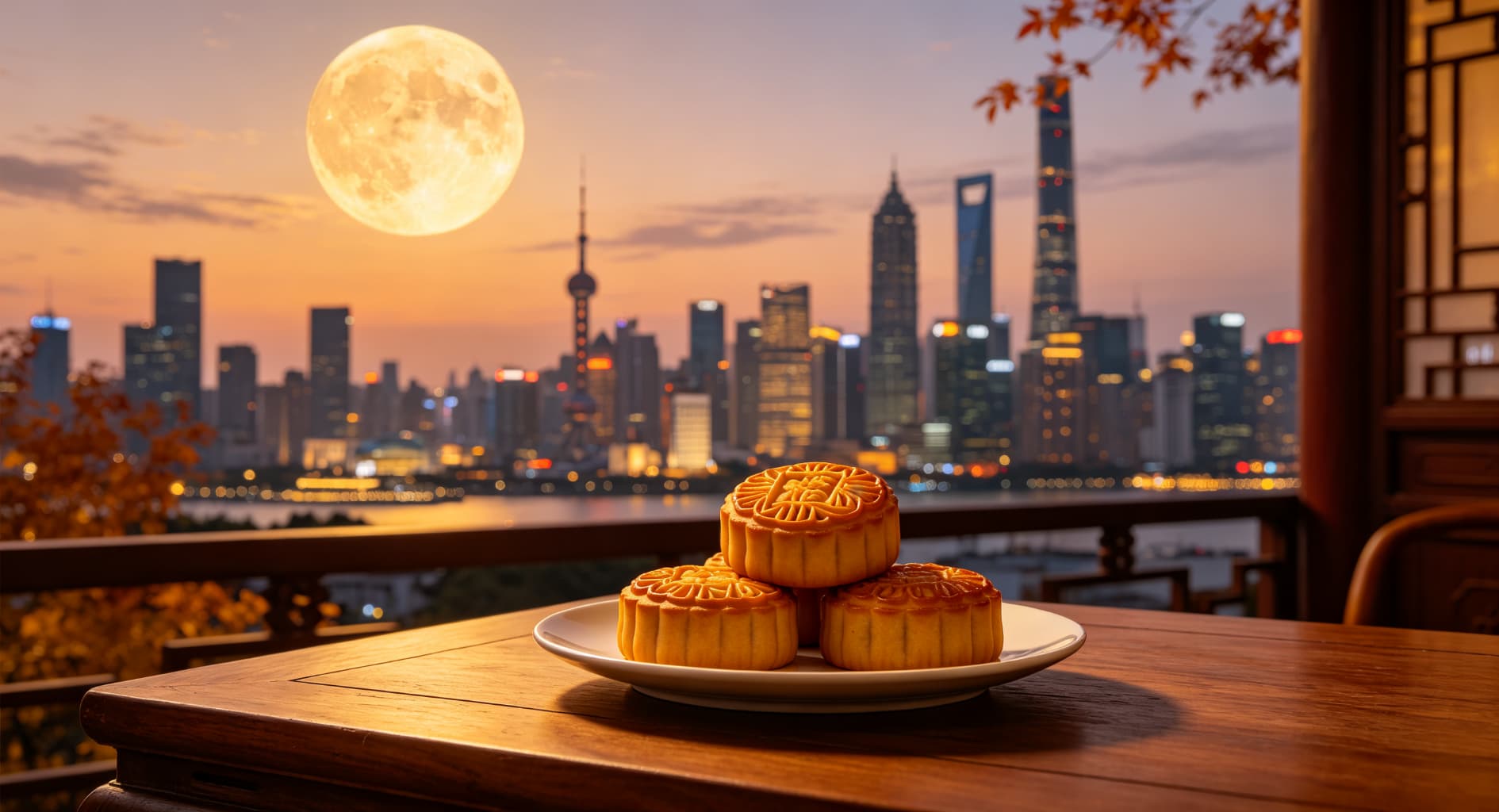 Mid-Autumn Festival mooncakes under full moon